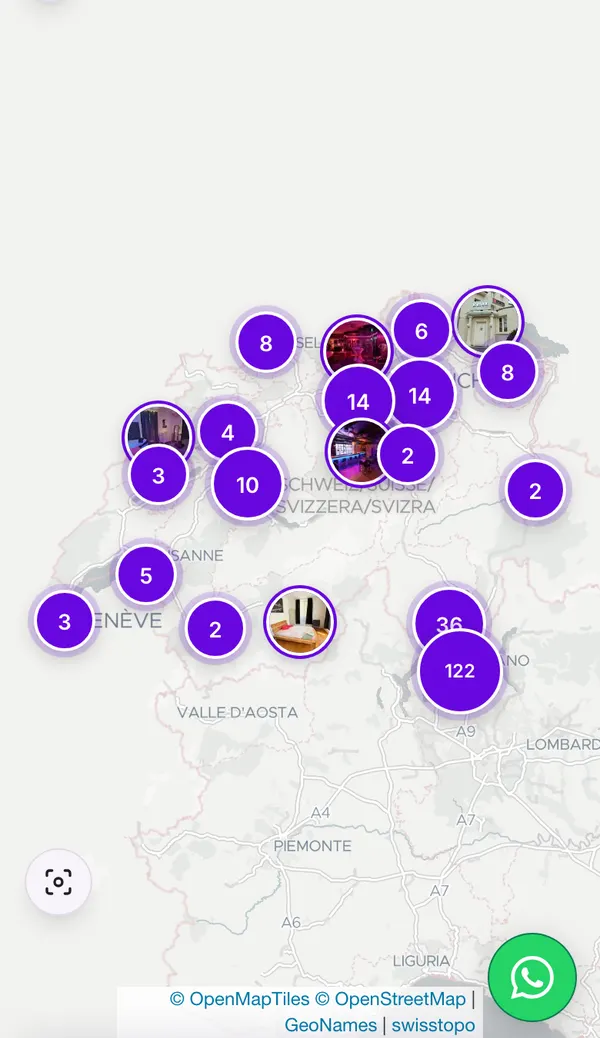 La mappa di Meet Seraphine con i locali raggruppati per zona in Svizzera.