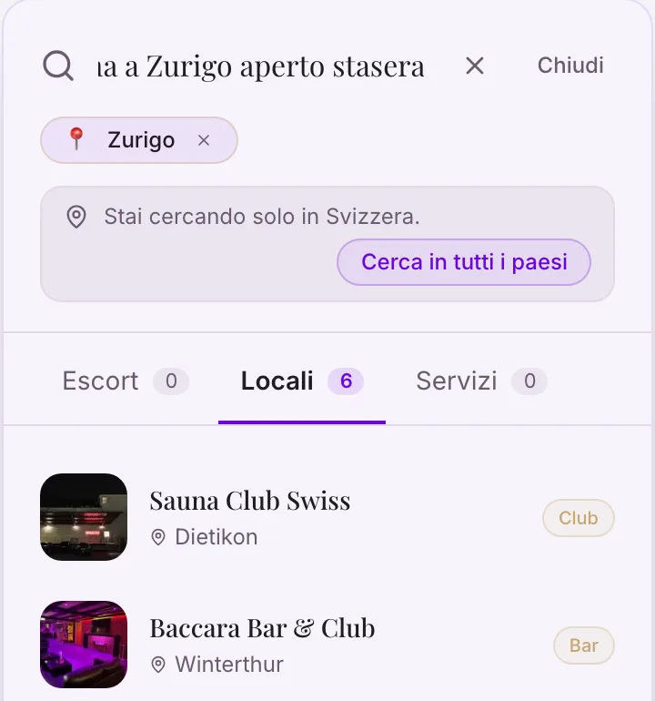 La ricerca di Meet Seraphine trasforma la frase «club con sauna a Zurigo aperto stasera» in filtri e mostra i locali trovati.