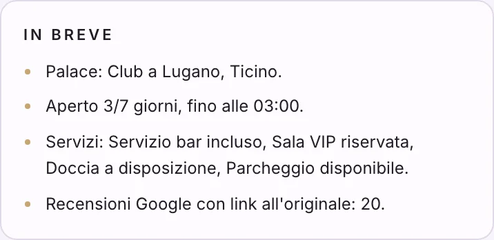 Il riquadro «In breve» della scheda di un locale di Lugano: orari, servizi e recensioni.