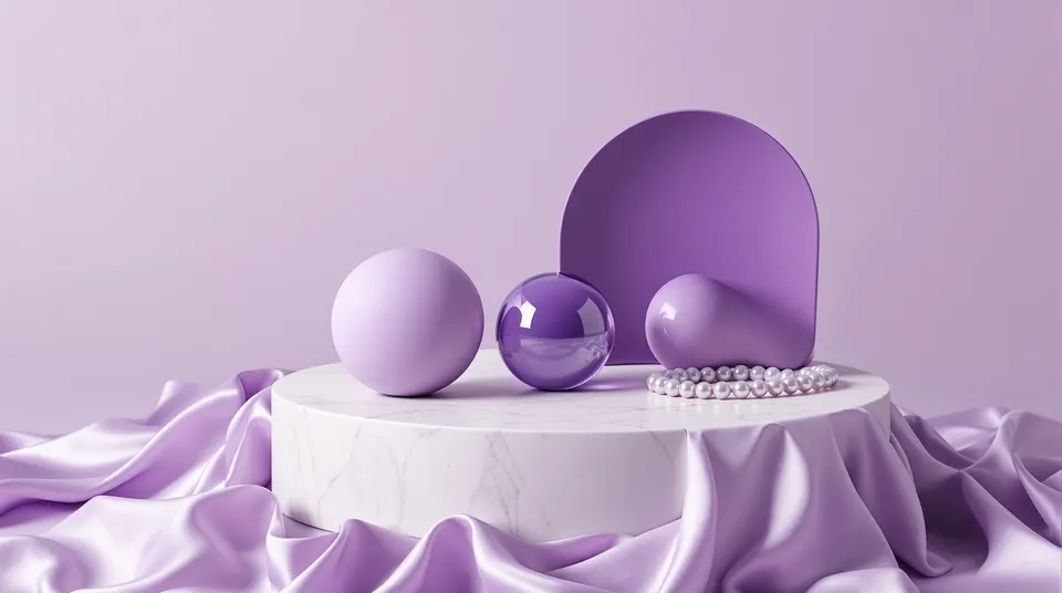 Oggetti scultorei in silicone e vetro appoggiati su seta lilla, in luce morbida