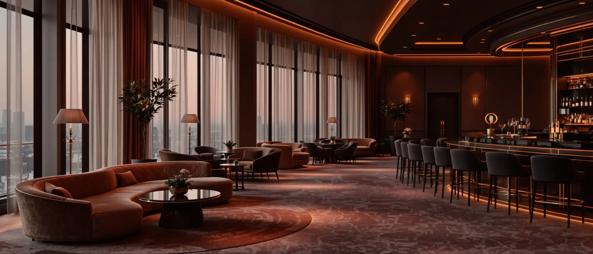 Sala di un locale elegante all'alba, luce tenue e spazio calmo