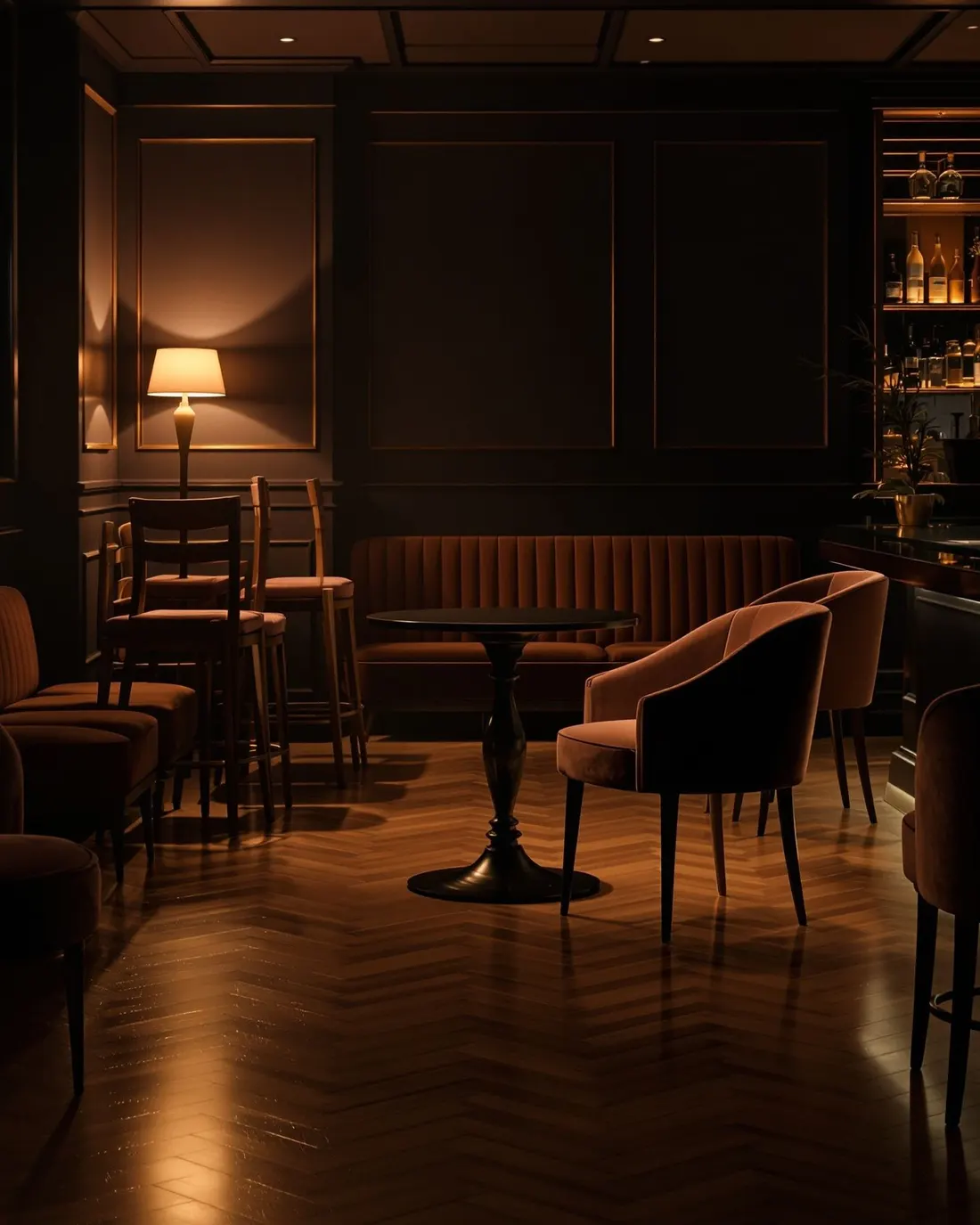 Sala di un locale elegante all'alba, luce tenue e spazio calmo