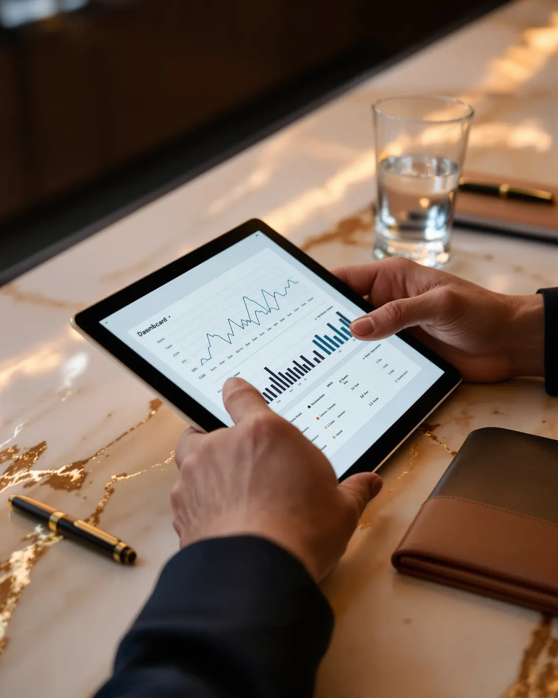Mani che consultano il pannello di gestione su un tablet, al bancone del locale