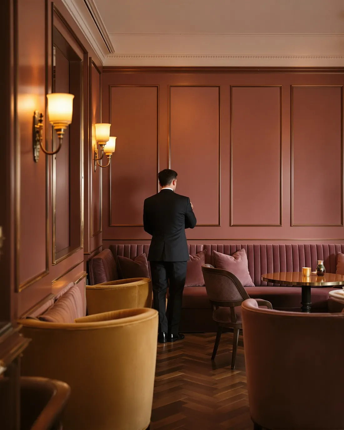 Sala di un club elegante prima dell'apertura, velluto e ottone