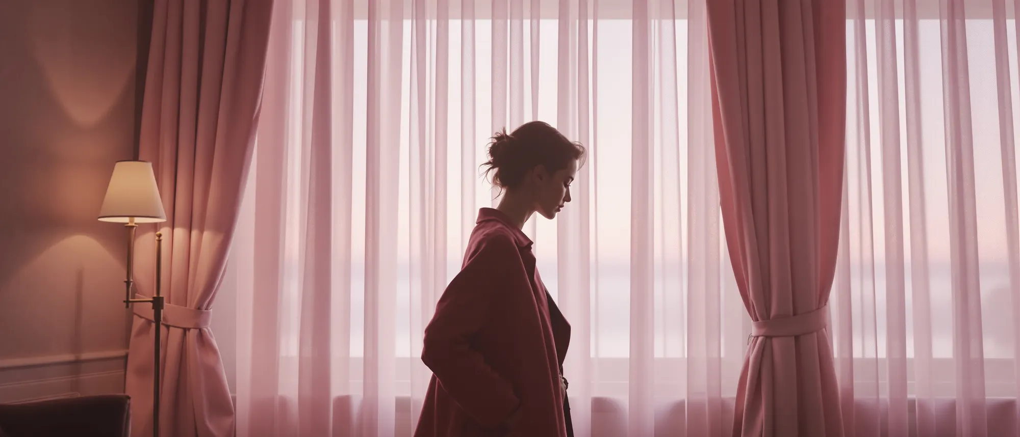 Salone di colore lilla chiaro all'alba, la sagoma di una donna accanto alla finestra