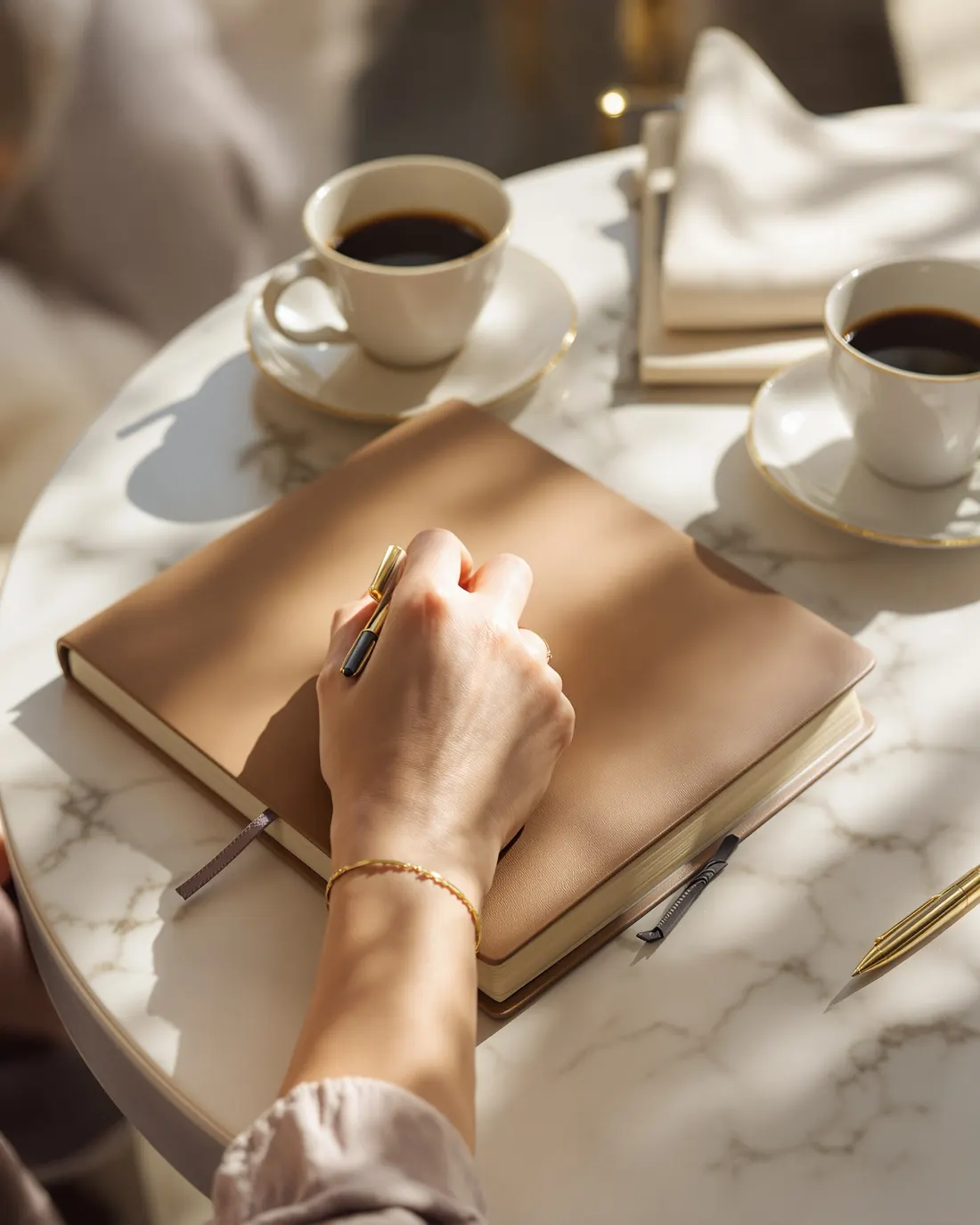 Mani che scrivono su un'agenda rilegata in pelle, accanto a una tazza di caffè