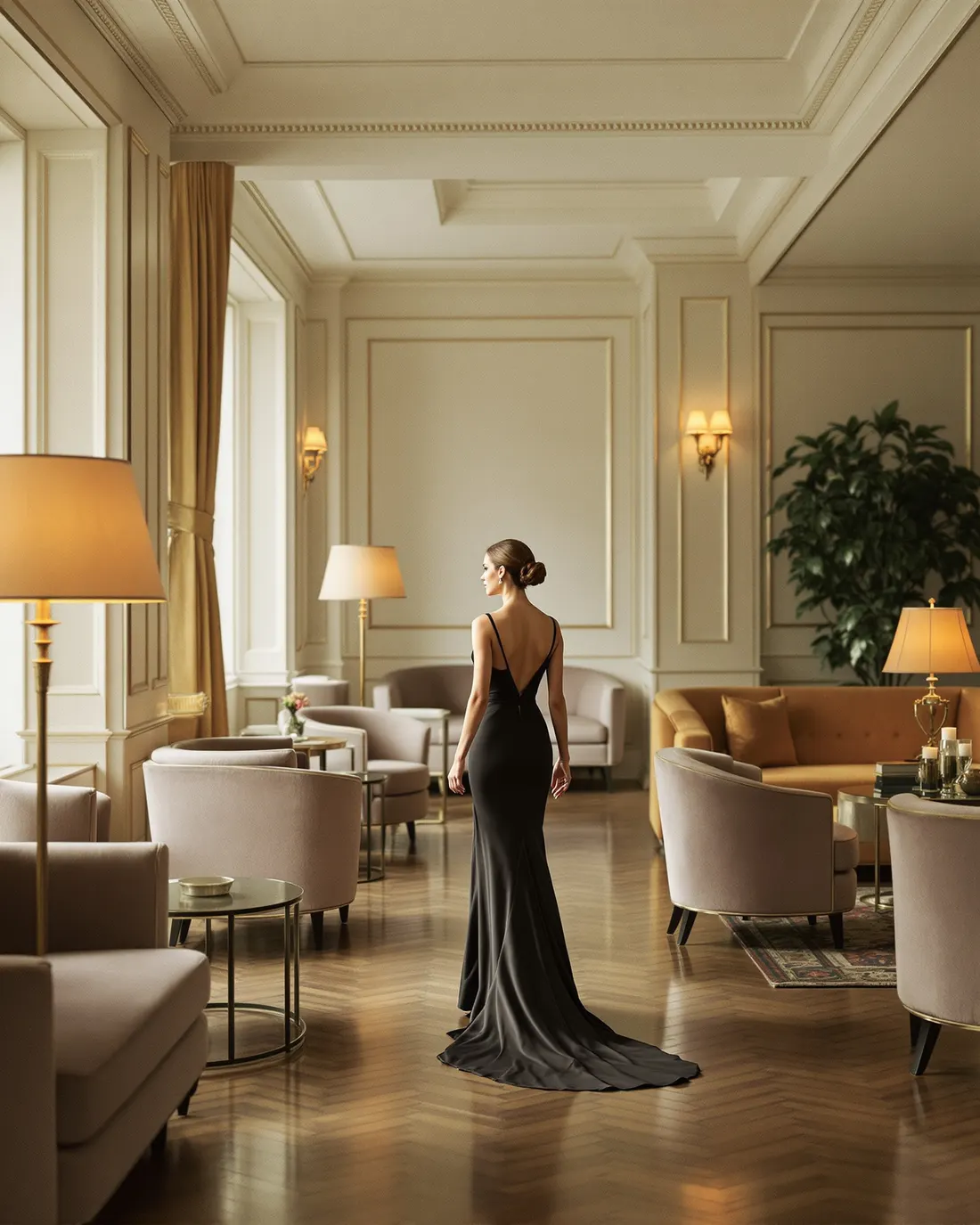 Una donna in abito lungo attraversa il salone vuoto di un club privato prima dell'apertura