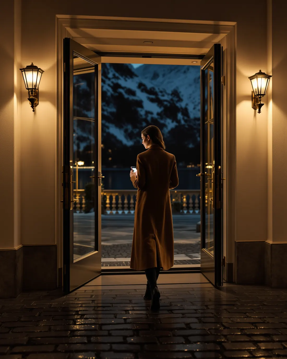 Una donna in cappotto cammello esce di sera da un grand hotel sul lago, il telefono in mano