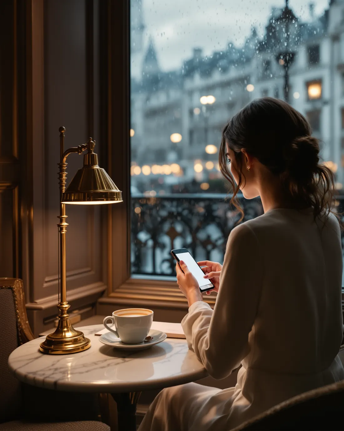 Una donna di spalle scrive al telefono al tavolino di un caffè, oltre la finestra la pioggia e le luci della città