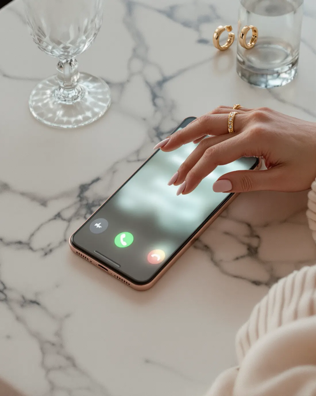 Una mano sospesa sopra un telefono che squilla, appoggiato su un tavolo di marmo accanto a un calice e a due orecchini d'oro