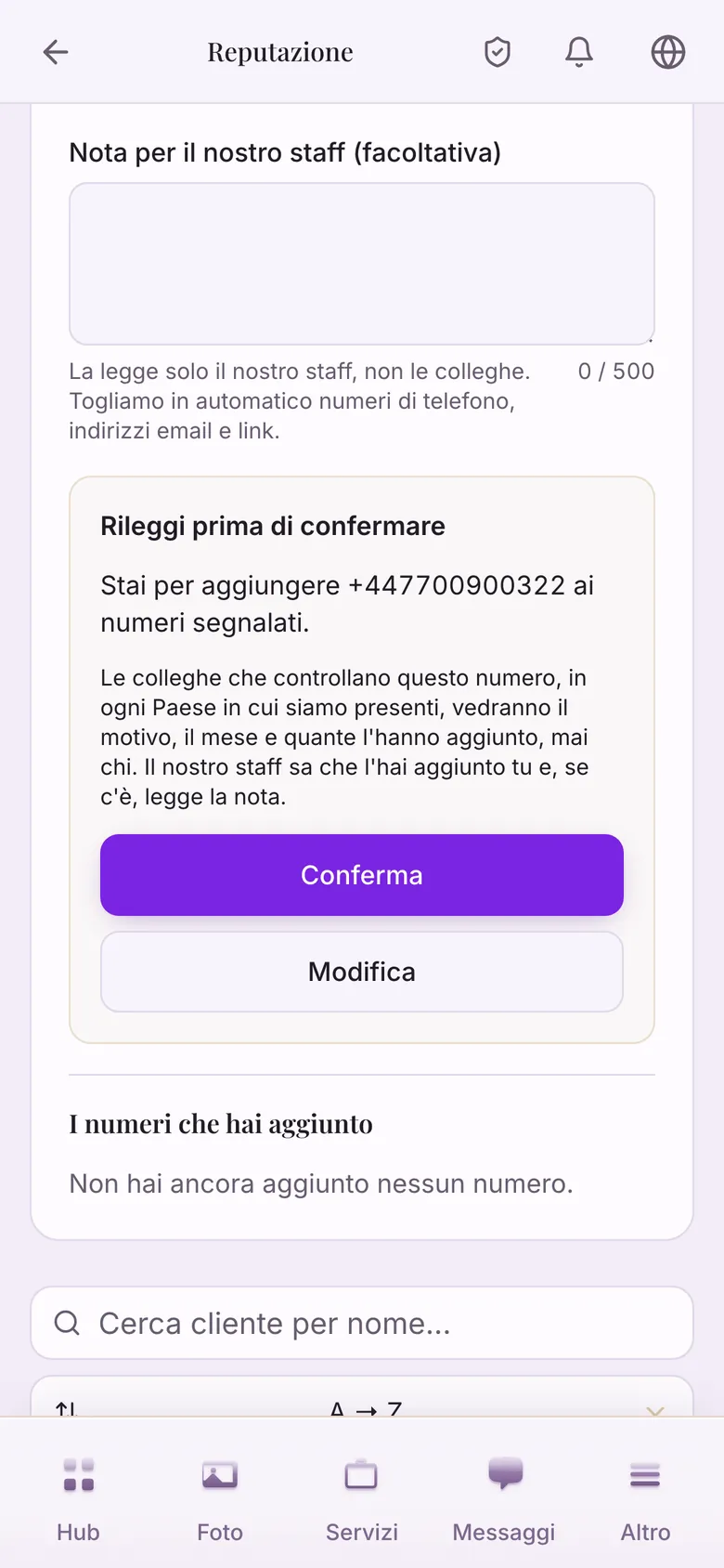 Il riquadro «Rileggi prima di confermare» con un numero di prova e i pulsanti «Conferma» e «Modifica».