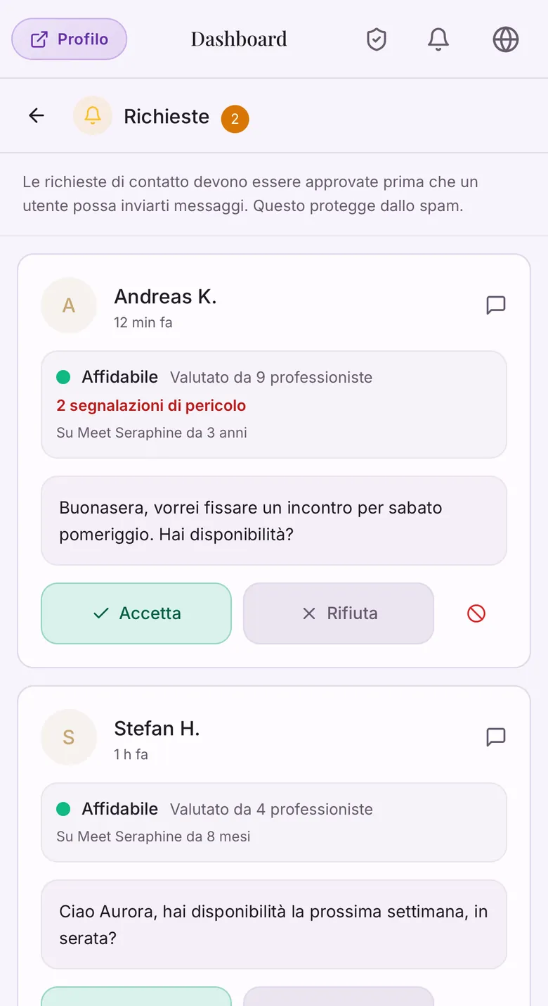 Una richiesta di contatto con il semaforo verde, «Affidabile», e il cliente valutato da nove professioniste; sotto, la riga rossa «2 segnalazioni di pericolo».