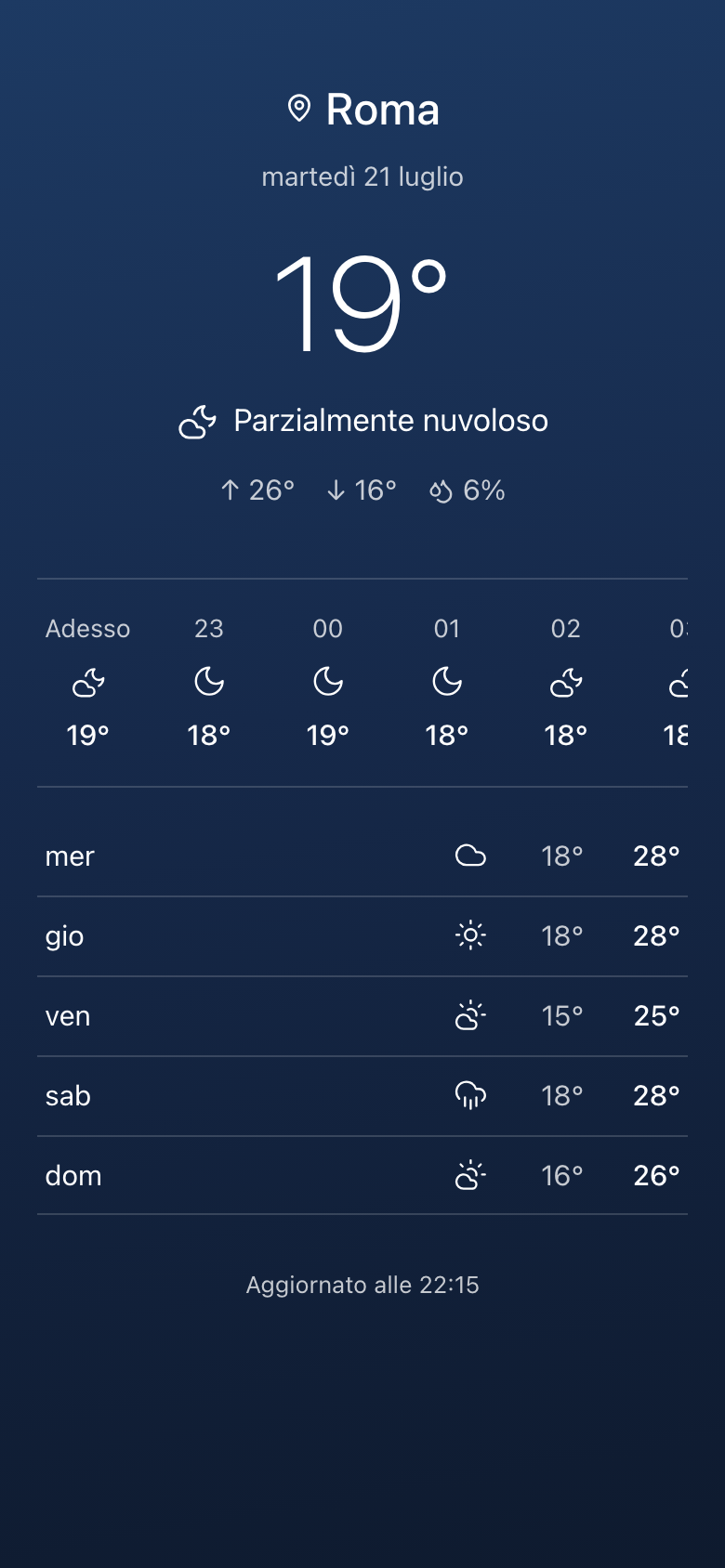 La finta app del meteo che copre lo schermo: città, temperatura e previsioni.
