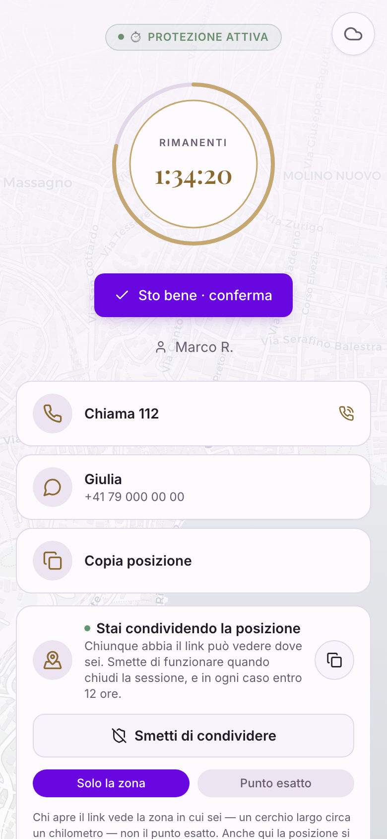 L'hub di sicurezza con protezione attiva: il Sigillo mostra il conto alla rovescia e le azioni rapide.