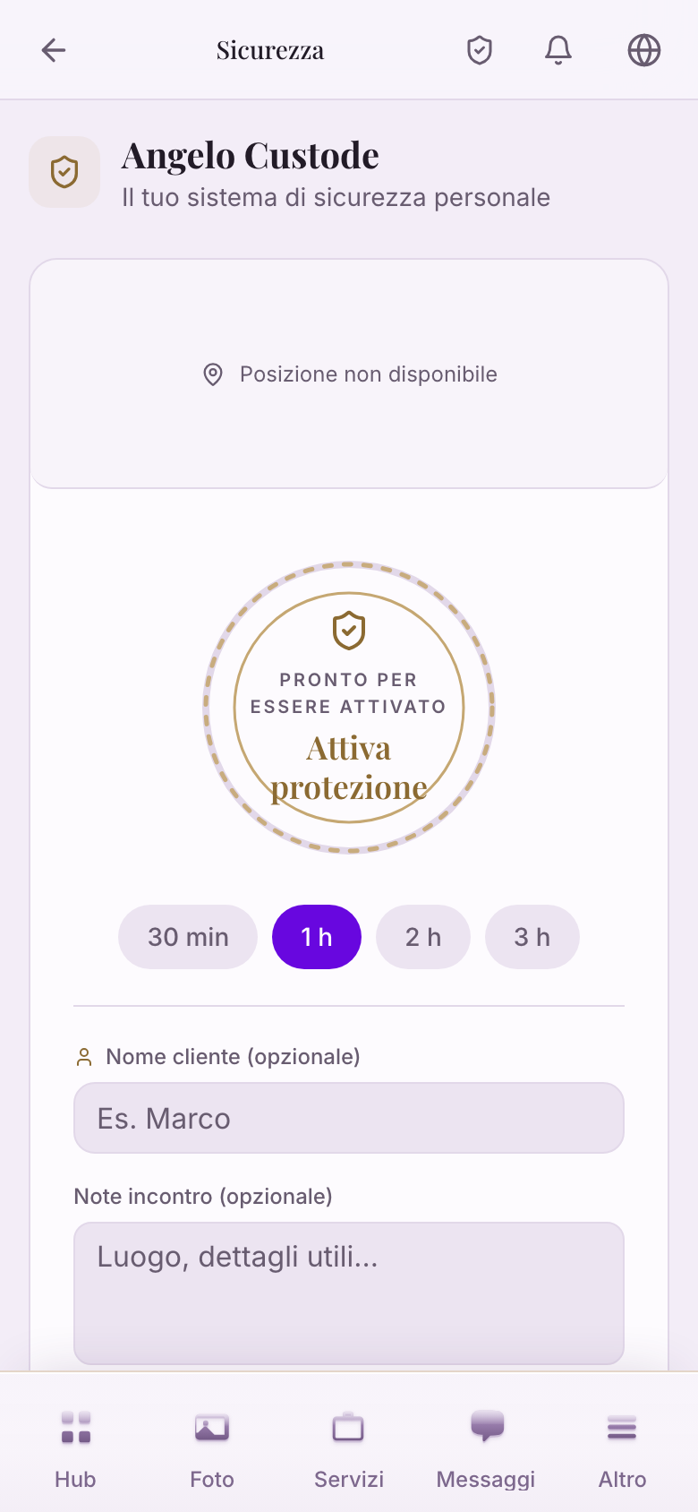 La schermata di preparazione: scelta della durata e del cliente prima di attivare.