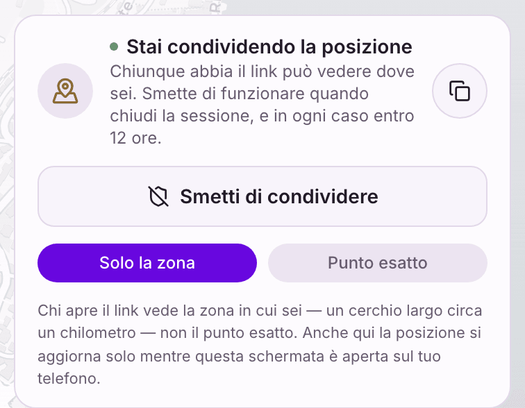 Il controllo di condivisione live: stai condividendo la posizione, con il selettore di precisione.