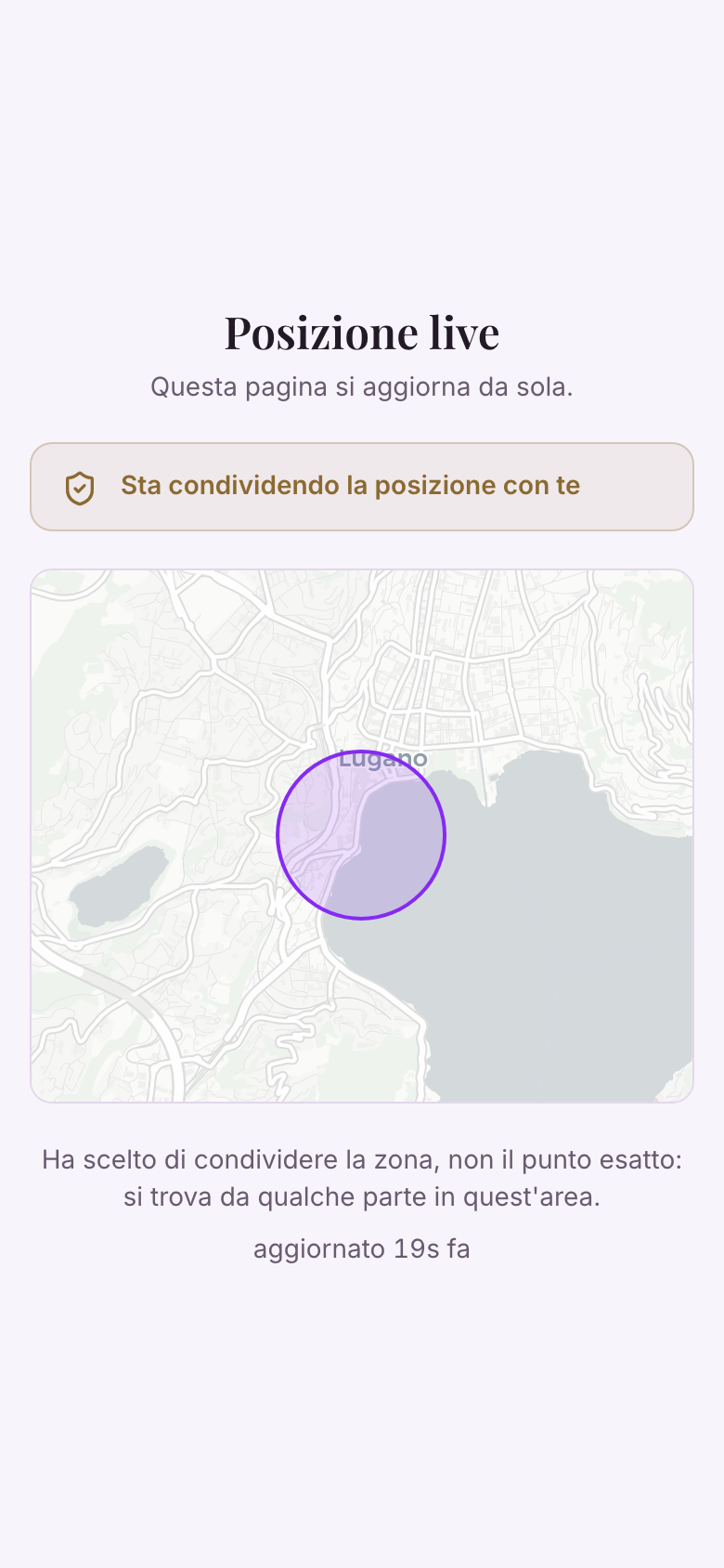 Il visore pubblico: sta condividendo la posizione con te, la mappa con il cerchio d'area.